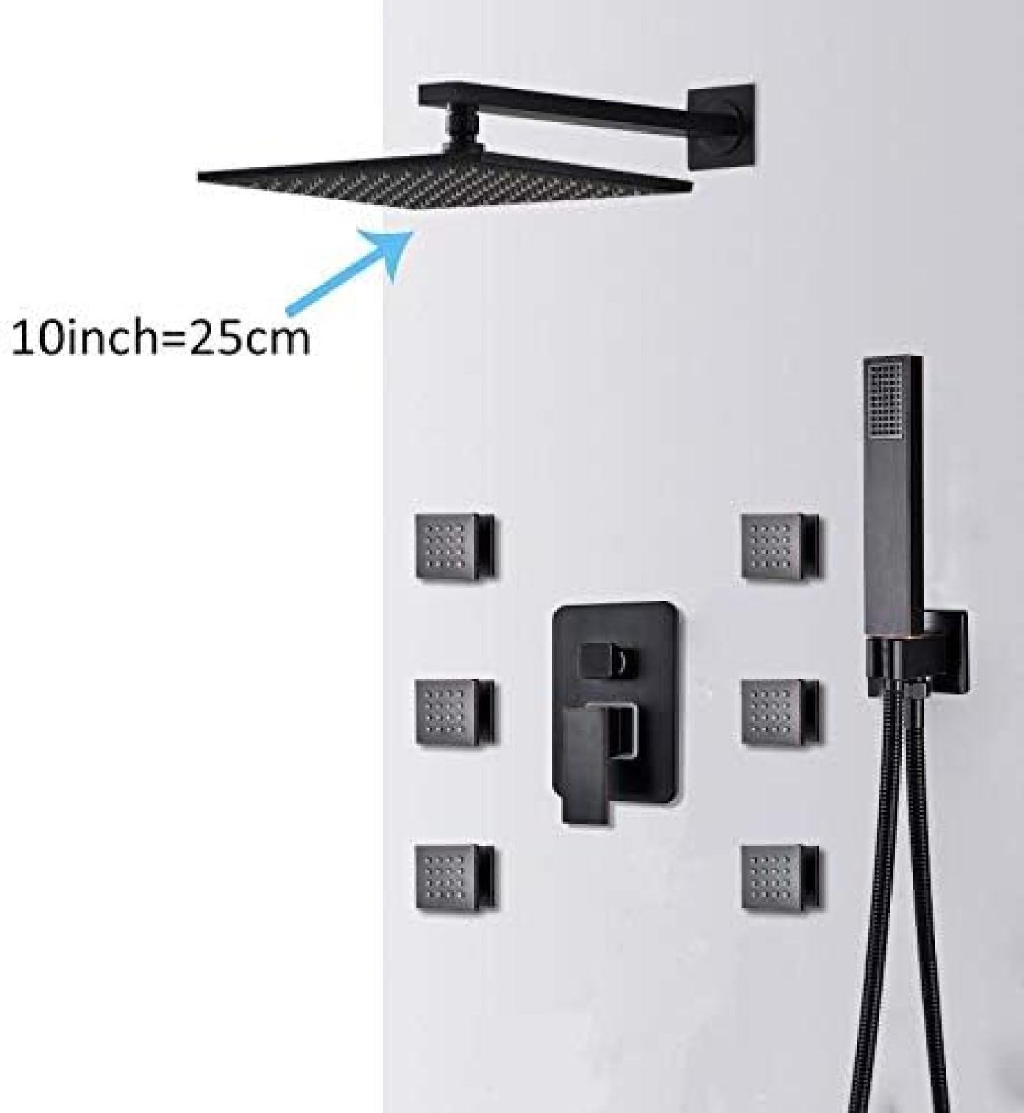 Set di rubinetti Doccia a LED, soffione Doccia a Pioggia Nero, 6 getti massaggianti Spa, Miscelatore a 3 Vie Acqua Calda e Fredda per Vasca e Doccia - Set da 12 Pollici,
