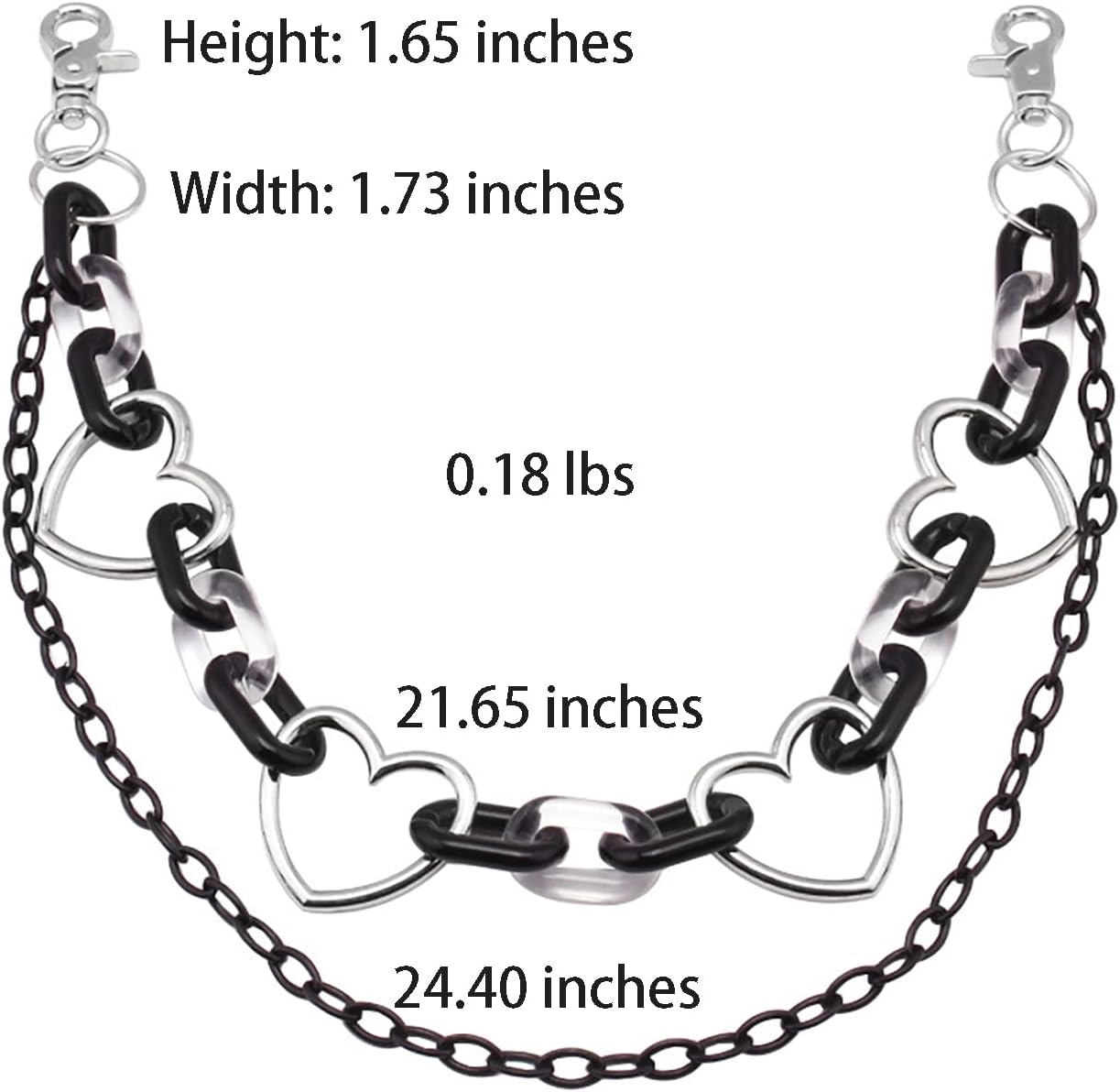 Cute Acrylic Chain for Pants, ITA Bag Charms, Goth Punk Hip-Hop Metal Heart Star Chain for Men and Women (Black)