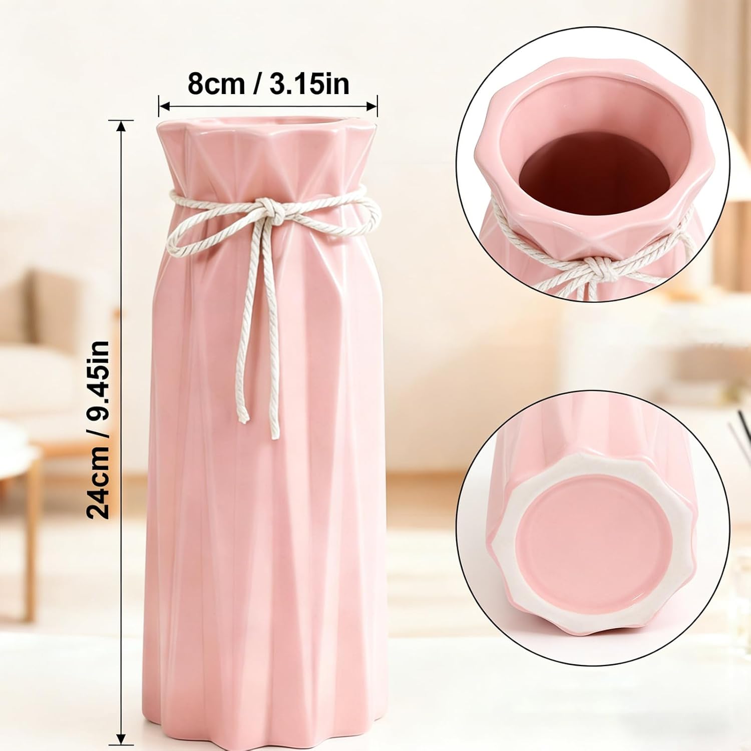 Disoza Ceramic Flower Vase Modern Home Decor Vases for Centerpieces Pink Minimalist Farmhouse 9.5" H x 3.9" W Cute Decorative Vases Flowers Tulip Pampas Grass Vase for Table Bathroom Shelf