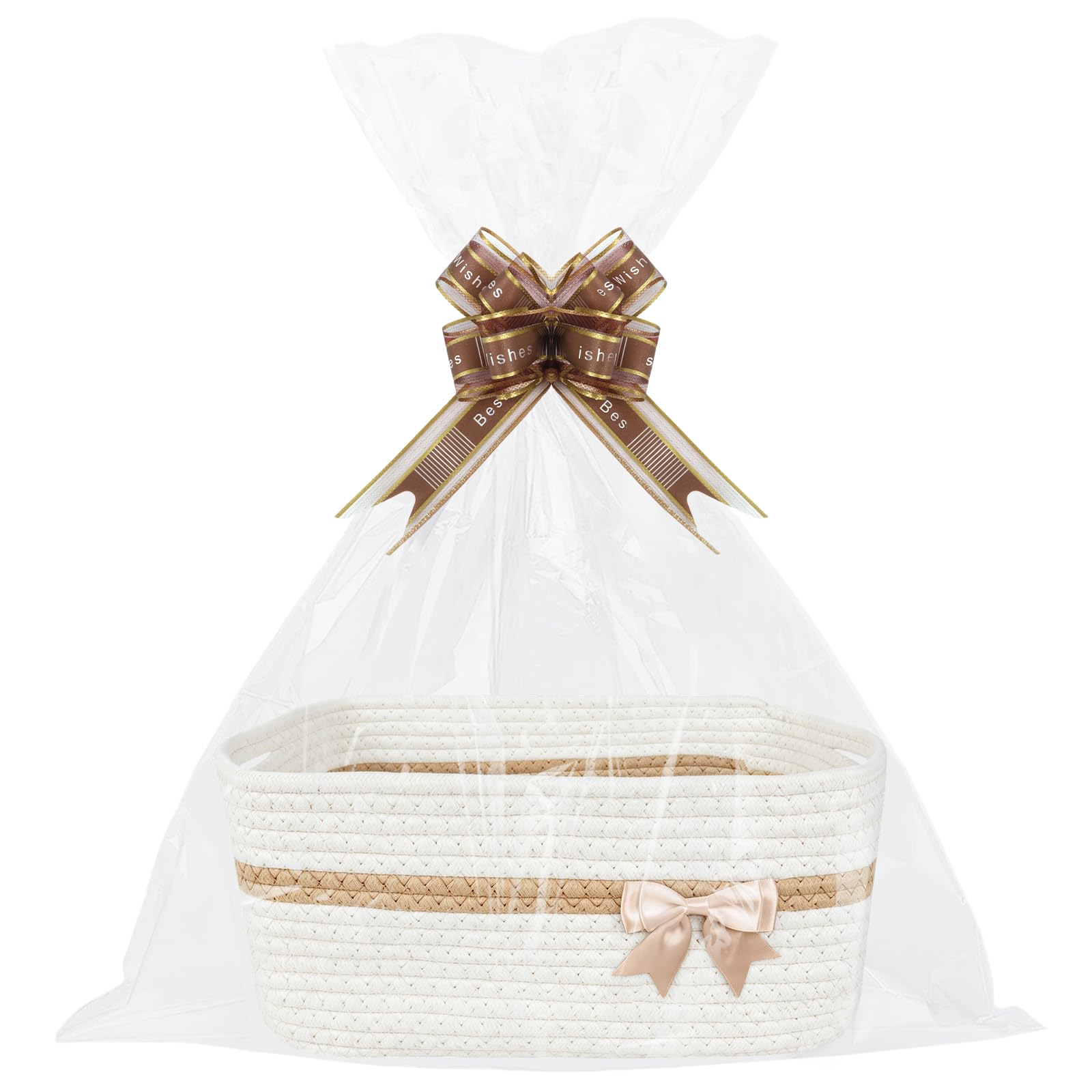 Lotvic Gift Basket, Hamper Kit, Rectangular Empty Hamper Basket with Cellophane Bags and Pull Bows, Rope Gift Baskets with Handles, Woven Gift Baskets for Baby Shower, Wedding, Birthday (White)