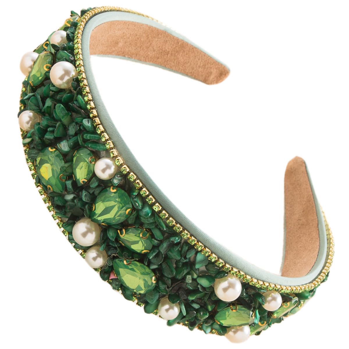 scicent Pearl Headband Hair Accessories for Girls Rhinestone Crystal Dressy Head Band Fashion Green Diamond Padded Hair Band Sparkly Bling Head Hoops 25512