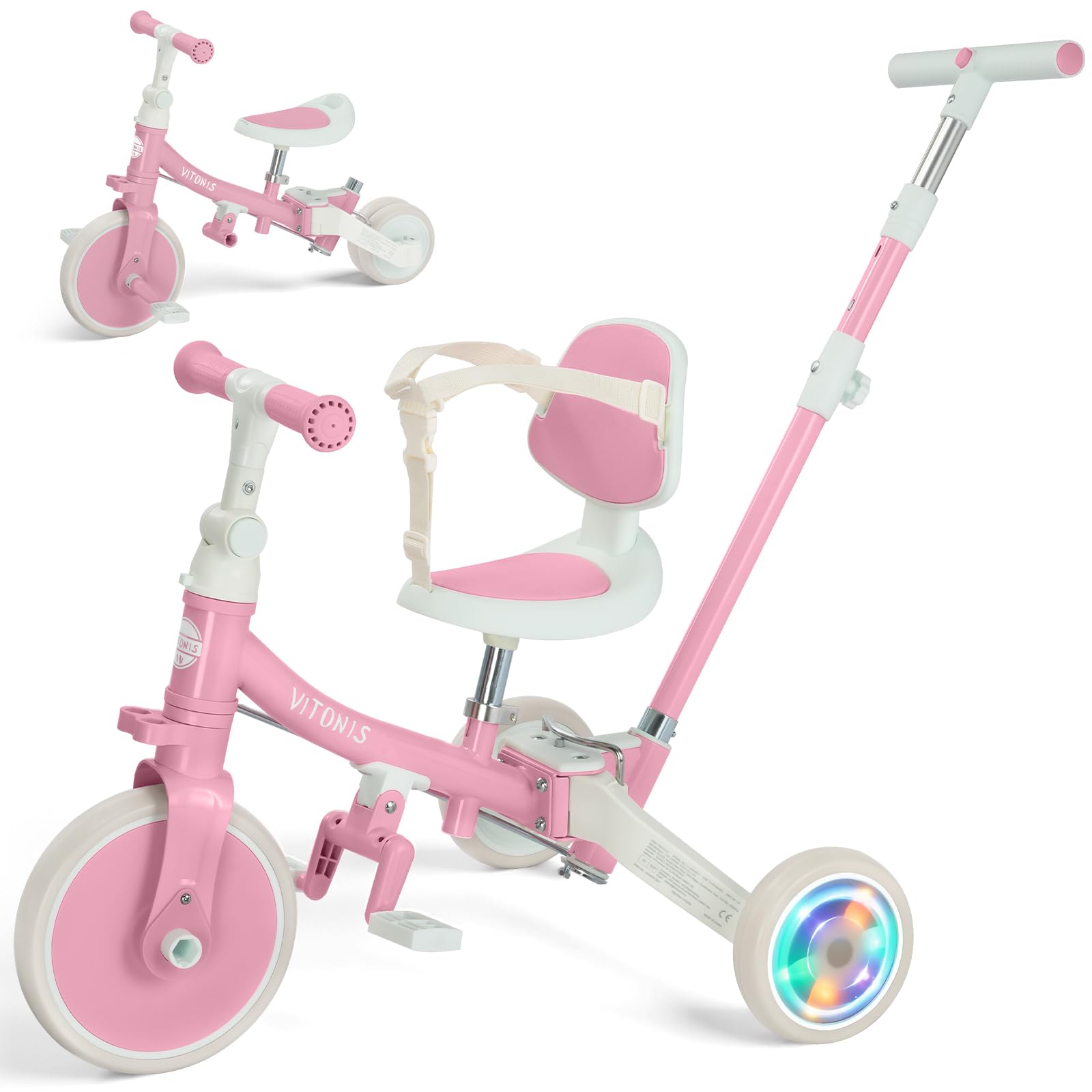 VITONIS Triciclo 5 in 1 per bambini dai 18 mesi ai 5 anni, con ruote lampeggianti, maniglione di spinta, schienale e cintura di sicurezza, regalo per bambini e bambine, bicicletta senza pedali, rosa