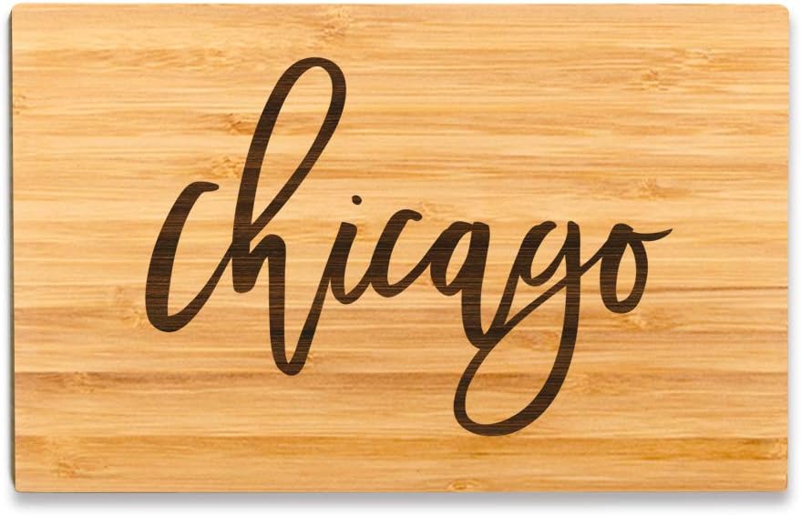 Andaz Press Chicago Bamboo Wood Cutting Board, 9.5 x 6-inch, Calligraphy, 1-Pack, Small Engraved Serving Chopping Board Christmas Birthday Moving Away College Graduation Chef Kitchen Ideas