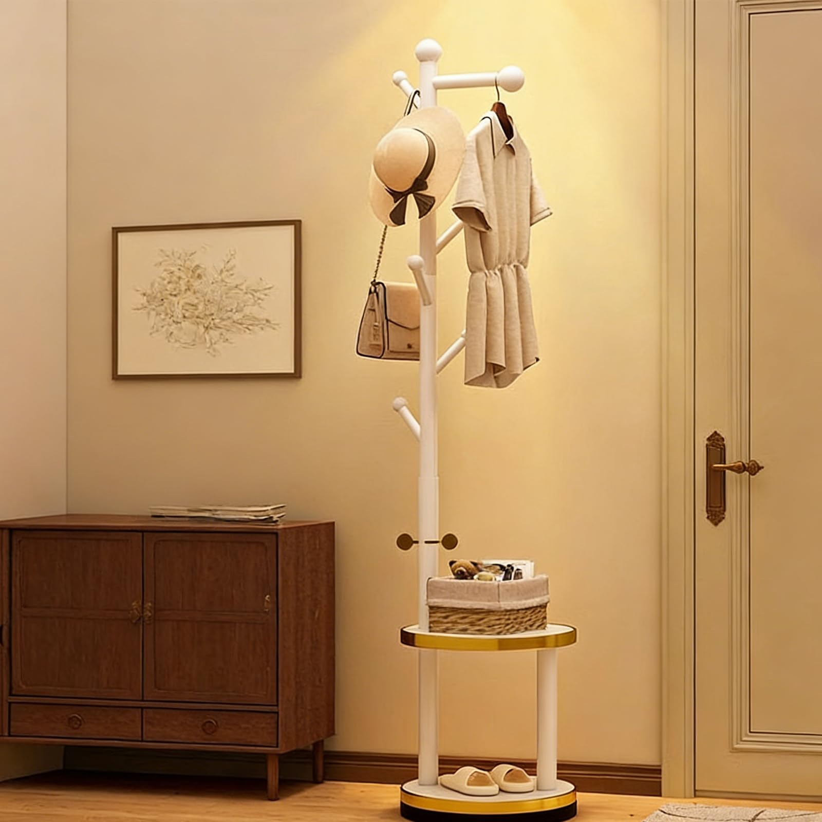 Js Space White-B Solid Wood Rotary Coat Rack Wooden Freestanding Coat Tree With 2 Shelves And 8 Hooks,Clothes Hanger Stand For Bedroom, Entryway, Livingroom
