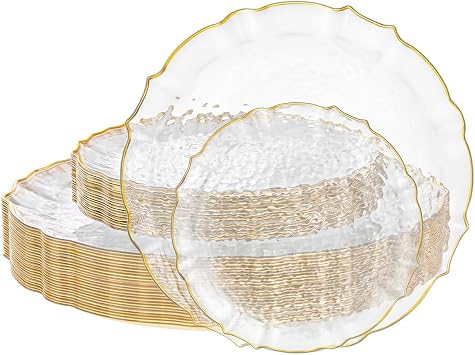 bUCLA 40PCS Clear and Gold Plastic Plates - Fancy Lace-Edge Clear Plates with Gold Trim Hammered Disposable - Include 20 EachDinner&Dessert for Party & Wedding
