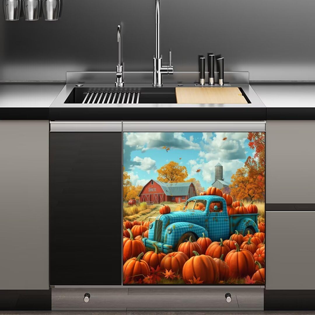 Fall Truck Pumpkins Dishwasher Magnet Cover, Farmhouse Halloween Magnetic Decals, Refrigerator & Dishwasher Covers