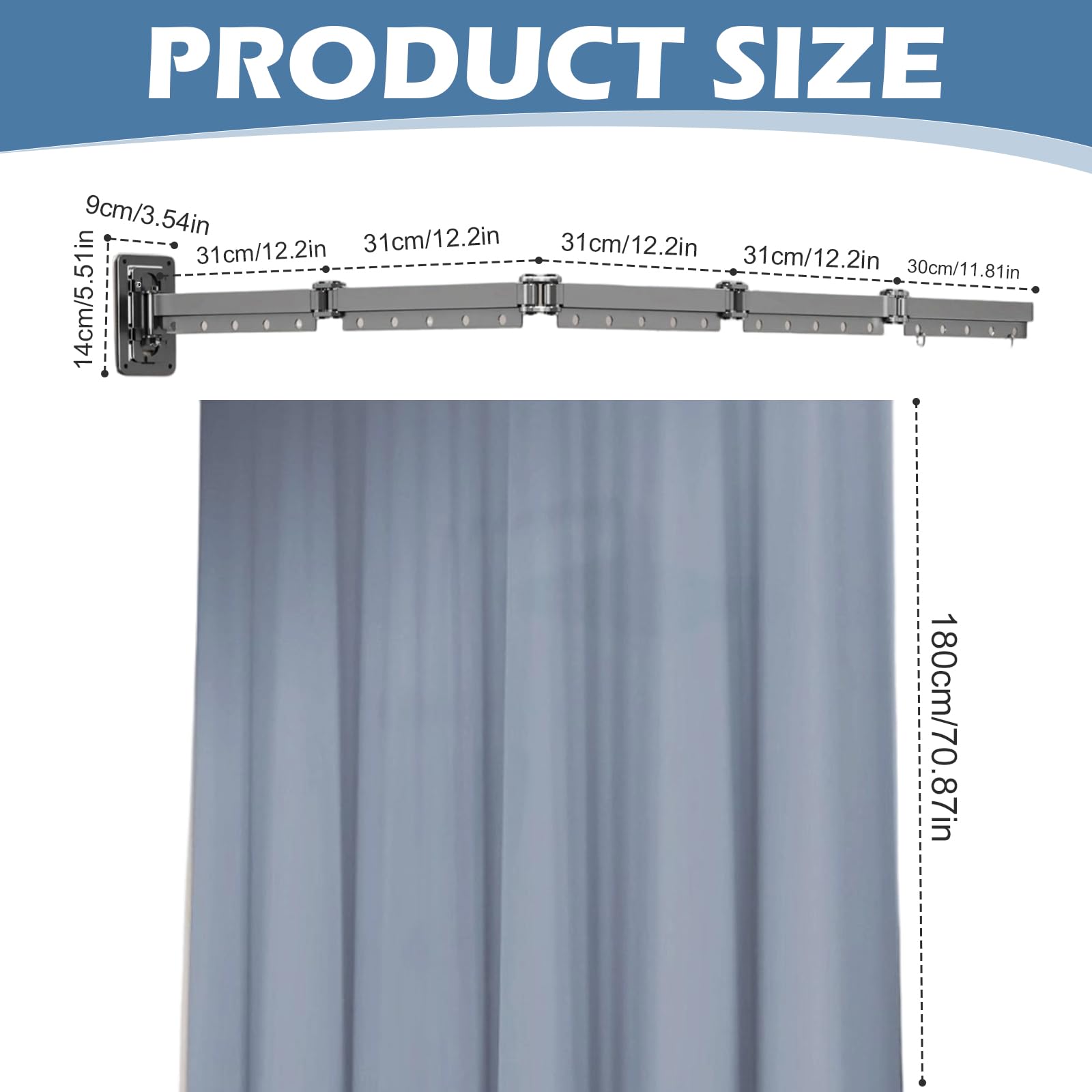 Asta pieghevole per tenda da doccia con tenda (1,5x1,8M), con foratura, asta da parete per tenda da bagno, regolabile, impermeabile, forma L/U a scala, forma dritta (asta da 154 cm, blu a 5 pieghe)