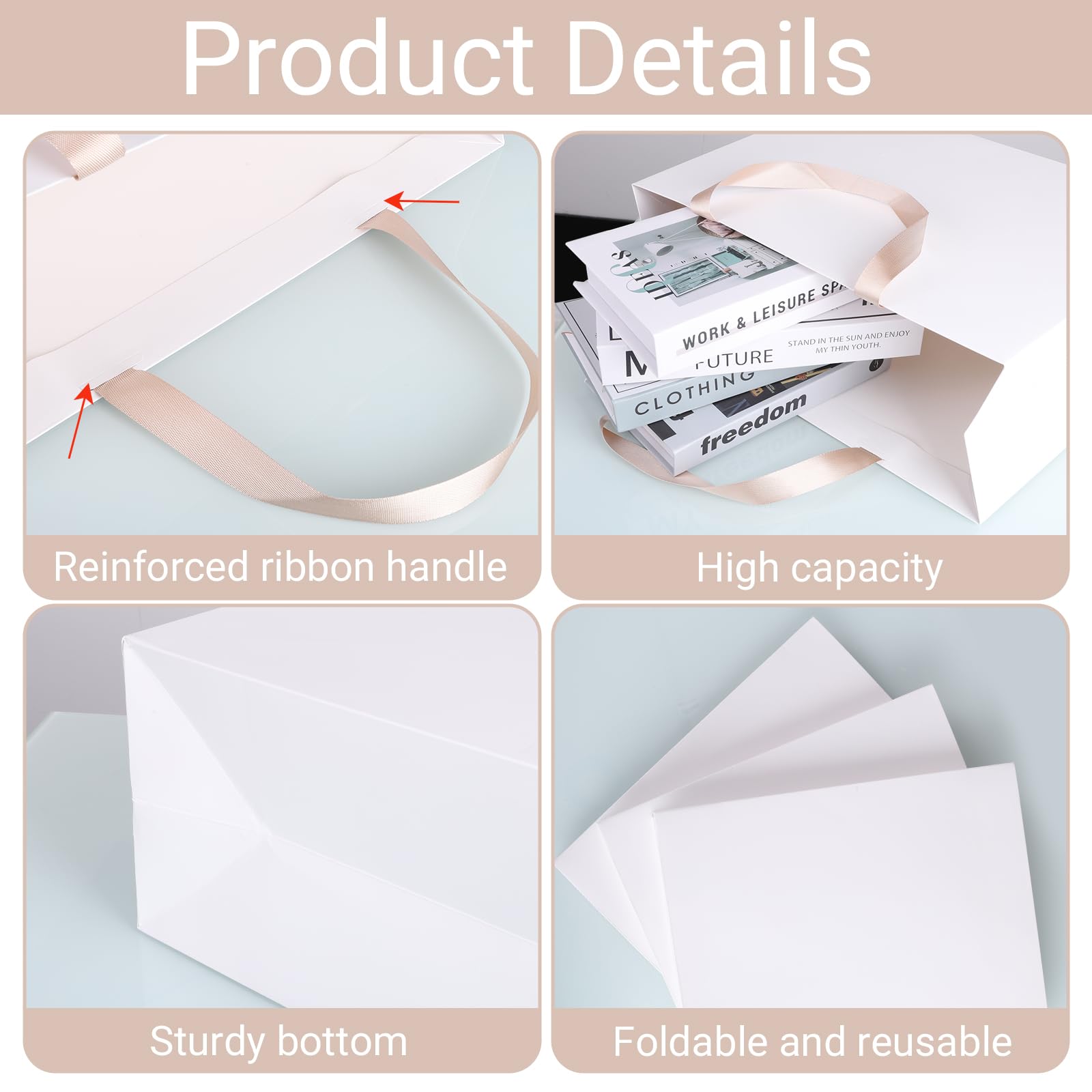 suituts Lot de 12 sacs cadeaux blancs avec poignées en ruban - 40,6 x 15,2 x 30,5 cm - Sacs de courses en papier kraft blanc extra larges pour fête, shopping, anniversaire, mariage