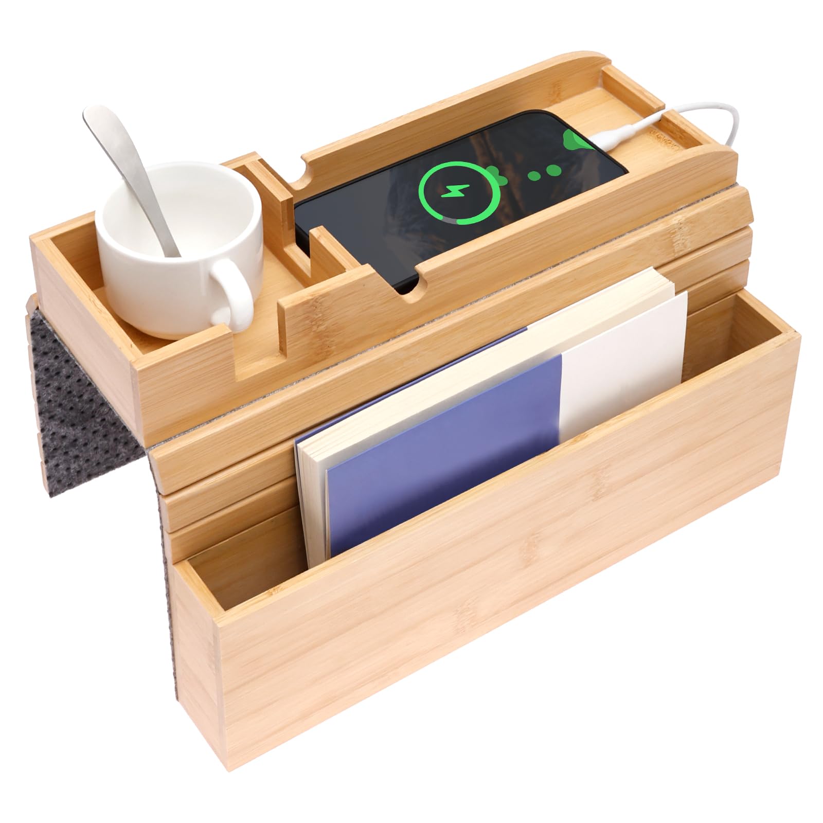 Bandeja para sofá, reposabrazos, bambú, bandeja plegable para sofá, bandeja antideslizante para reposabrazos con soporte para bebidas para aperitivos, teléfono móvil y TV, mando a distancia, ahorra