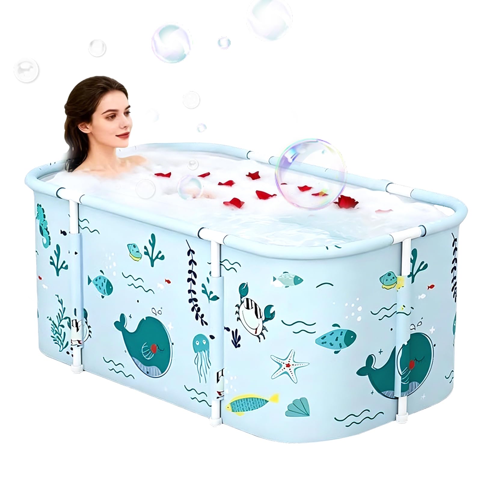 Vasca da Bagno Portatile, Vasca da Bagno Pieghevole per Adulti con Cuscini per Interni ed Esterni, Doccia Idromassaggio SPA, 120 x 55 x 50 cm (Azzurro)