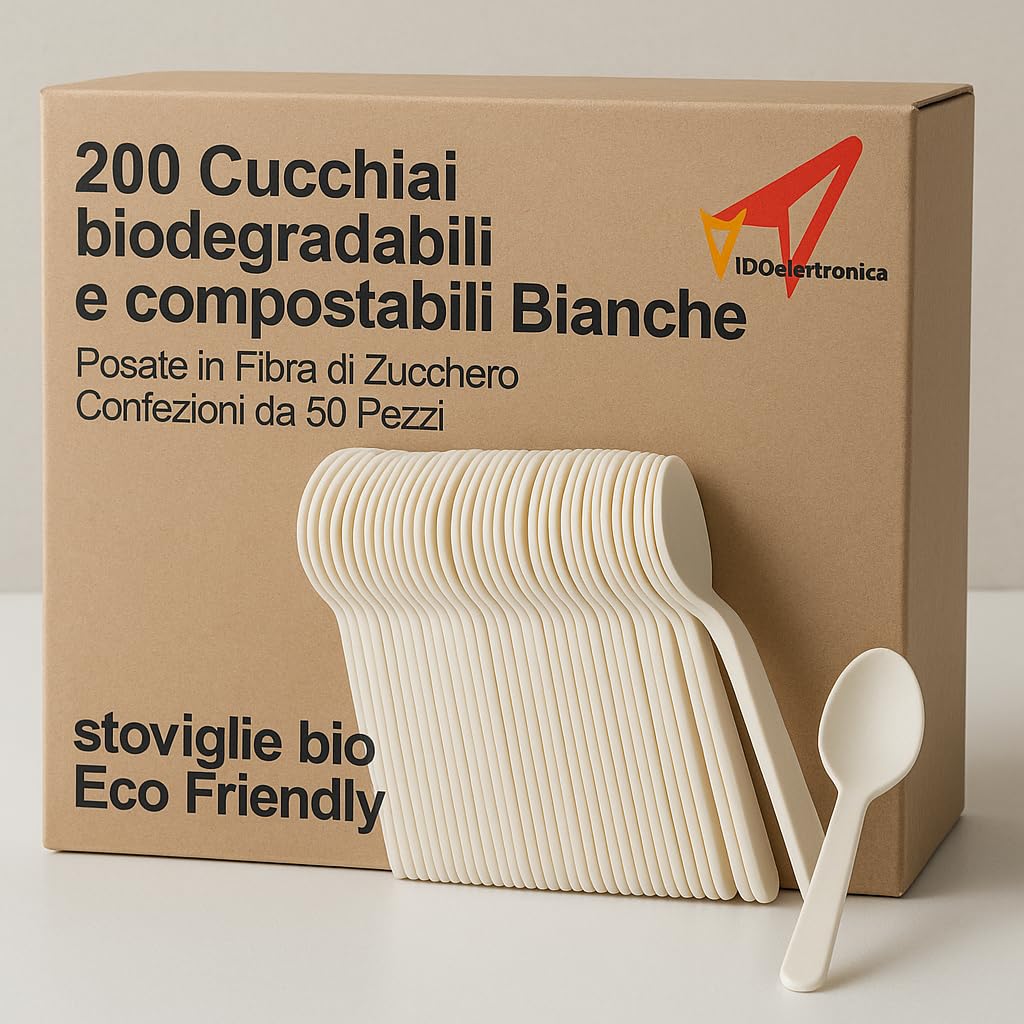 200 Cucchiai biodegradabili e compostabili Bianche Posate in Fibra di Zucchero Confezioni da 50 Pezzi stoviglie bio Eco Friendly (200 cucchiai)