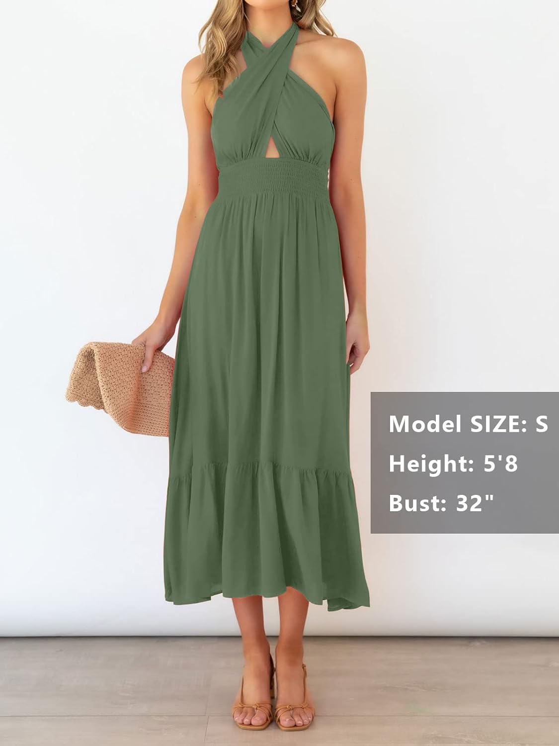 ZESICA Women's 2026 Summer Crossover Halter Neck Sleeveless Plaid Cut Out Backless Flowy A Line Maxi Dress - Image 4