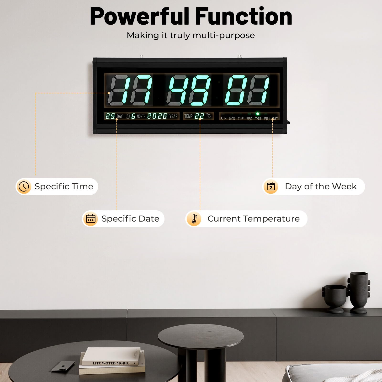 Zegar ścienny LED, 48 cm, z temperaturą, datą i dniem tygodnia, cyfrowy zegar bezgłośny (48 x 19 cm), zielone świecące cyfry, automatyczne ściemnianie, aluminium i szkło – do salonu, kuchni