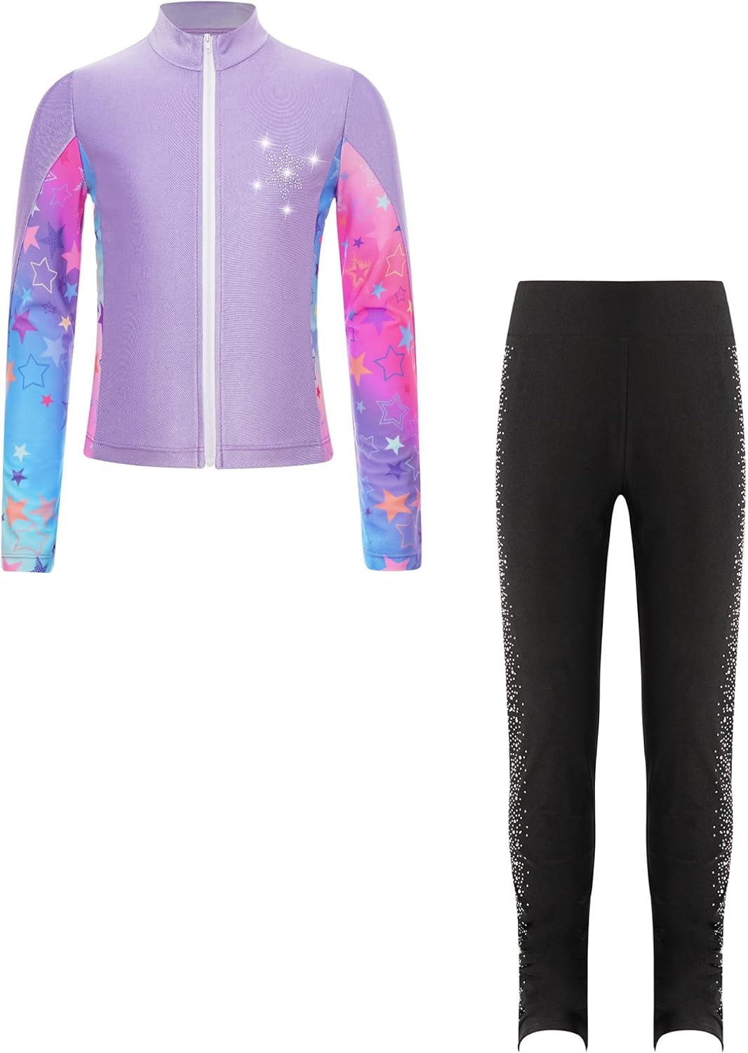 Kaerm Kids Girls Long Sleeve Full Zip Figure Skating Jacket and Tights Pants Set for Gymnastics Workout