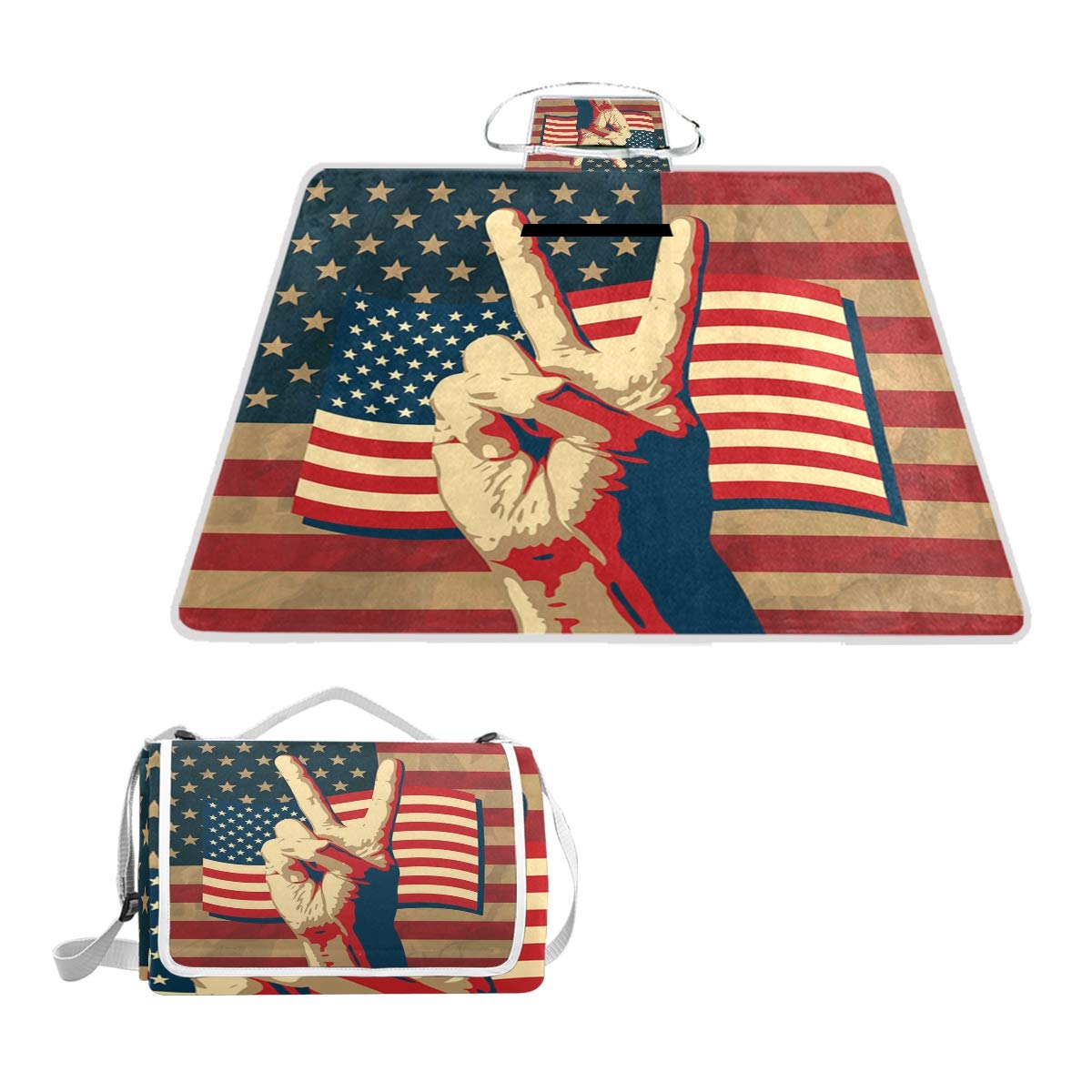 LZXO Jumbo Picnic Blanket Foldable Victory Sign USA Flag Pattern Large 57X59in Waterproof Handy Mat Tote Compact Outdoor Mat with Handle for Outdoor Travel Camping Hiking Activities.