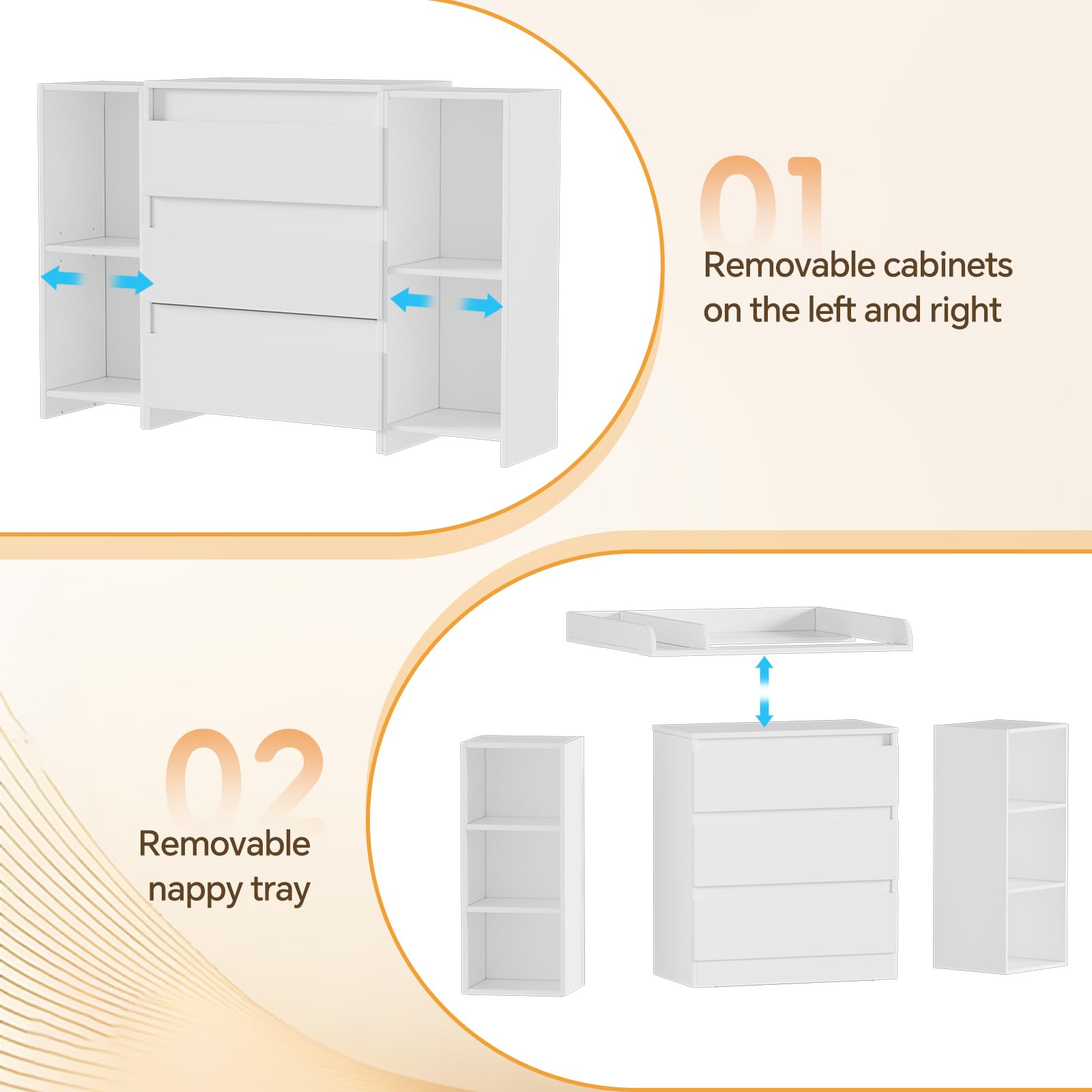 2 en 1 Cambiador Bebe Mueble, Cómoda con Adaptador Cambiador Comoda, Cómoda Cambiador Bebe con 3 Cajones y 6 Compartimentos, Moderno 73x70x78 cm/ 113x32x70 cm- Blanco