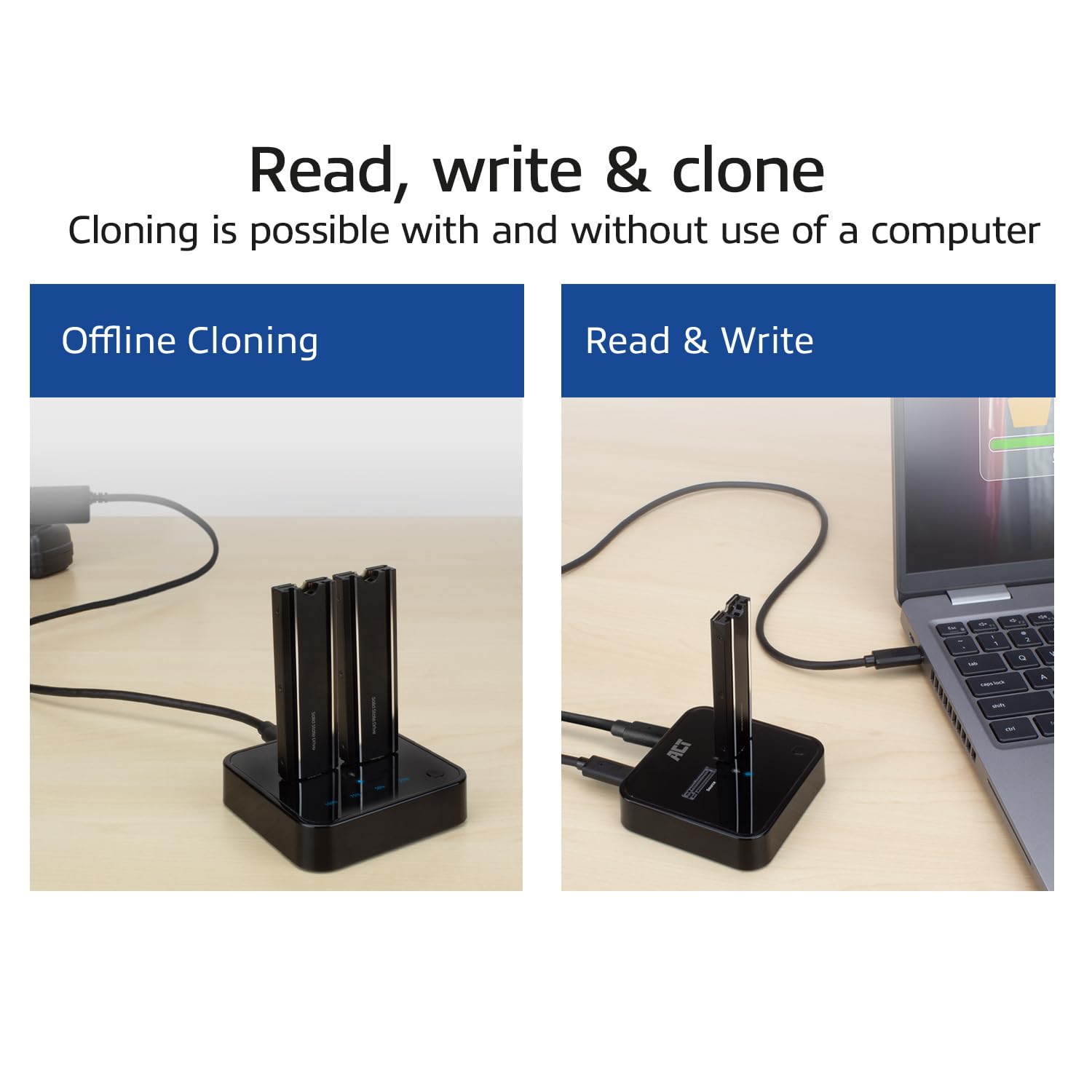 ACT M.2 NVMe/PCIe Dual SSD stacja dokująca, klonowanie offline i tworzenie kopii zapasowych danych, kabel USB-C 3.2 Gen2 10 Gbps, do M-Key i B+M-Key, Heatsink, bez montażu – AC1502