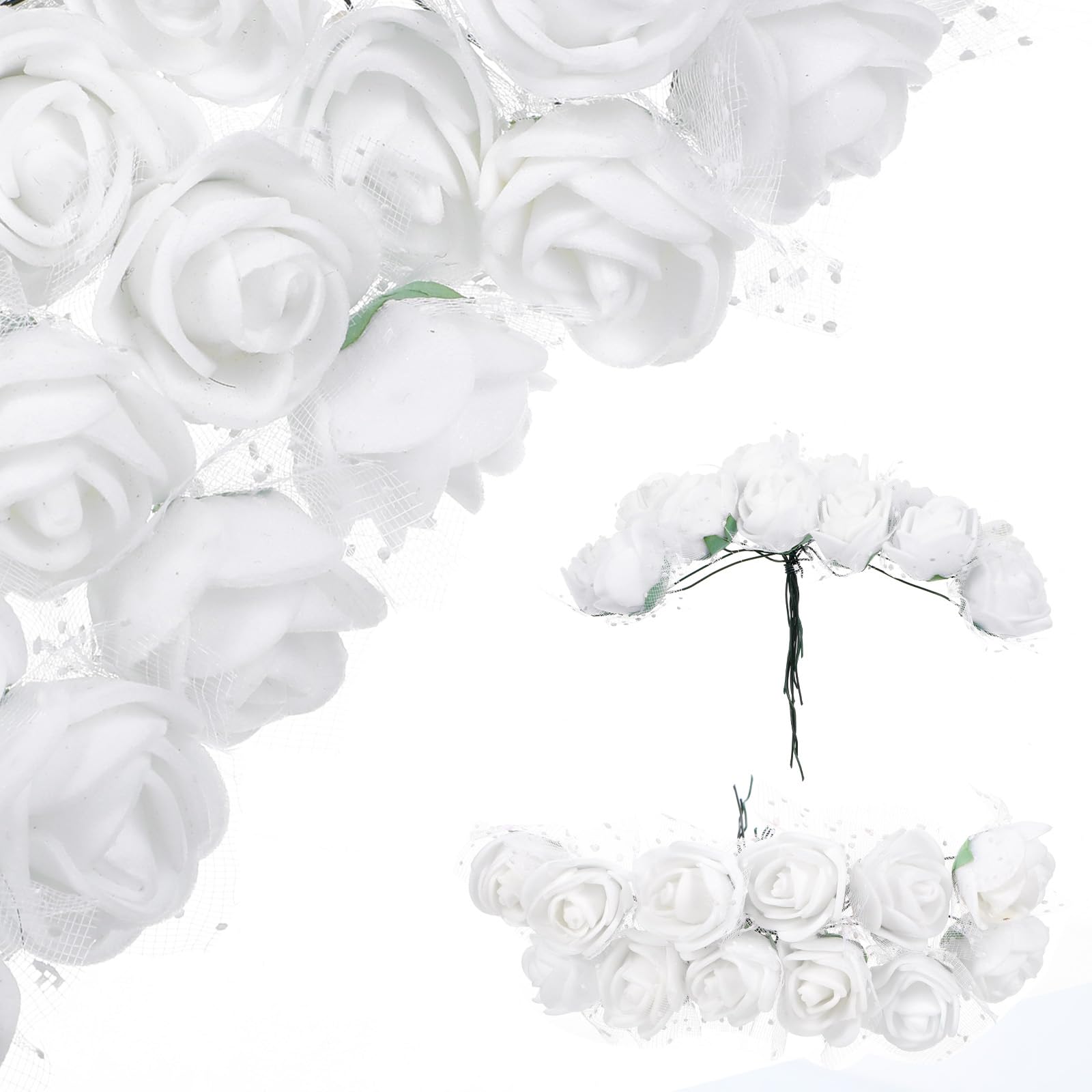 144 mini têtes de roses artificielles blanches Yolev avec tige en PE pour loisirs créatifs