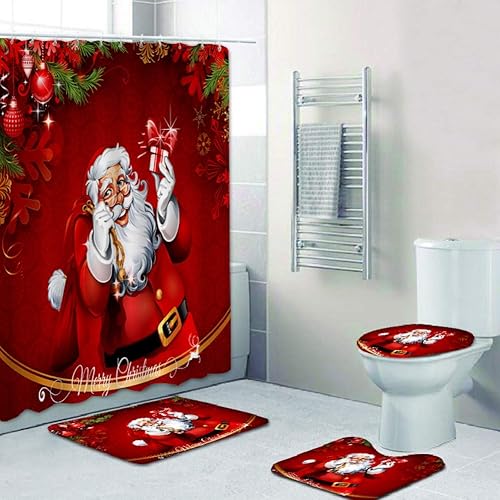 Juego de 4 cortinas de ducha con alfombra antideslizante, cubierta para tapa de inodoro y tapete de baño, cortina de ducha de Papá Noel con 12 Papá