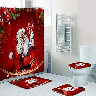 Soly Teche Christmas Bathroom Sets 4 Pcs 3D Digital Printing Merry Christmas Shower Curtain, Non-Slip Rugs, Toilet Lid Cov...
