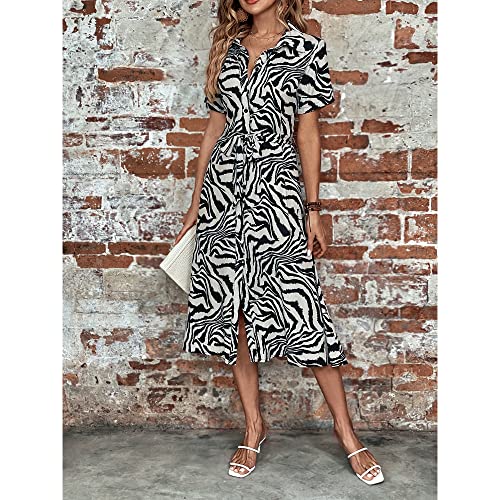 BROVAVE Women's 2025 Summer Short Sleeve Work Dresses Tie Waist Button Down Animals Print Midi A-Line Shirt Dress2