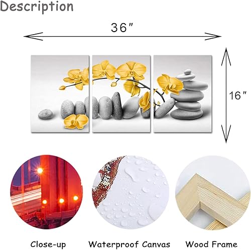 Miniatura 6 de Artmyharbor Arte de pared de orquídea zen, imágenes de flores amarillas, para baño, piedra gris, para sala de meditación de spa, 12 x 16 pulgadas