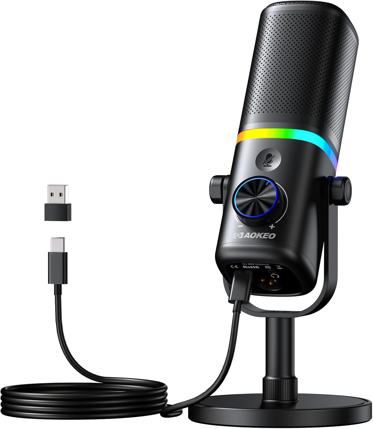 Aokeo Microphone for PC, AK-10 USB/XLR Dynamic Desktop Microphone for Gaming,Podcast,Streaming with RGB Light,Volume Control,Mute Button,Noise Reduction