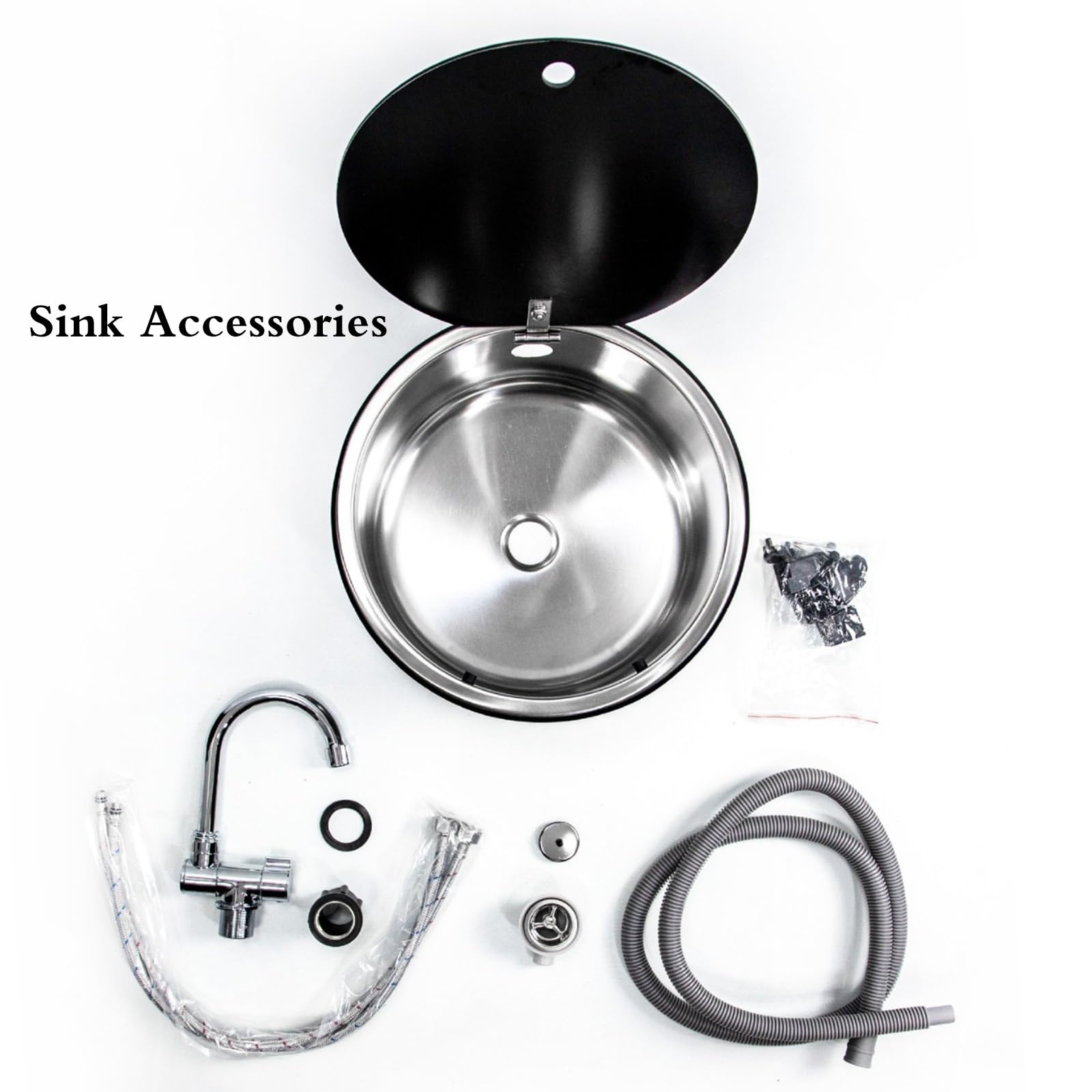 Lavello Da Cucina Pieghevole Con Coperchio Ribaltabile - Lavello Tondo In Acciaio Inox A Vasca Singola Per Camper, Furgone, Camper, Lavamani Con Rubinetto Per Uso Domestico
