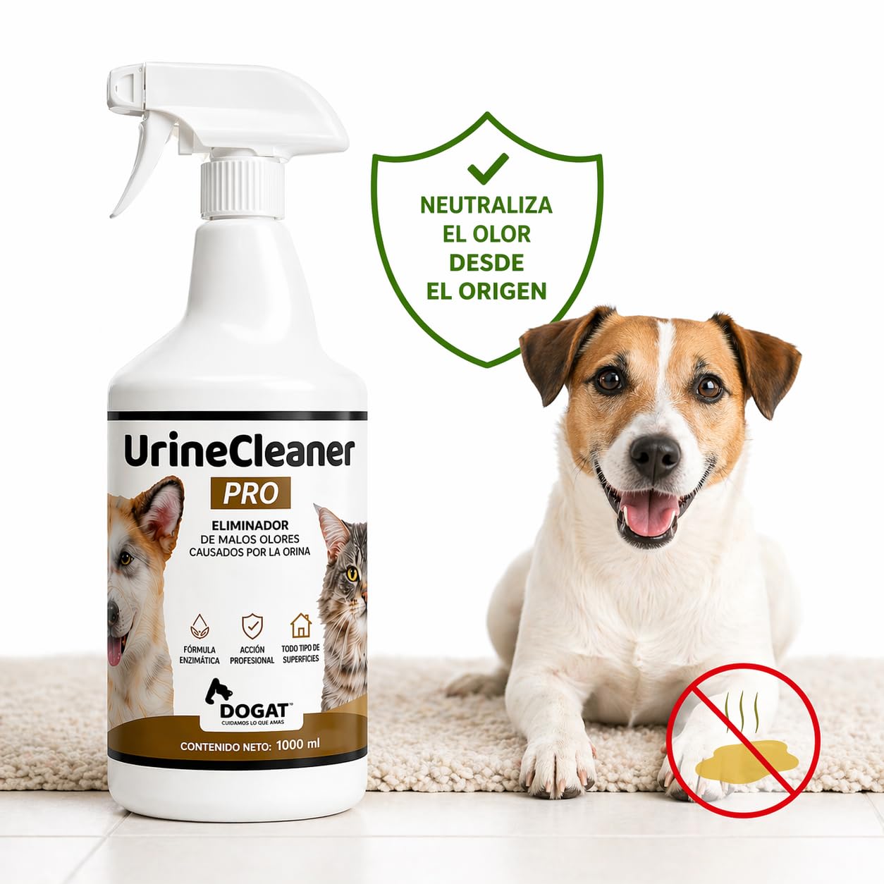 Eliminador Olor Orina Perro y Gato 1000 ml | Neutralizador Profesional de Malos Olores de Mascotas | Spray Limpiador Enzimático para Sofá, Suelo, Alfombra, Terraza y Césped Artificial