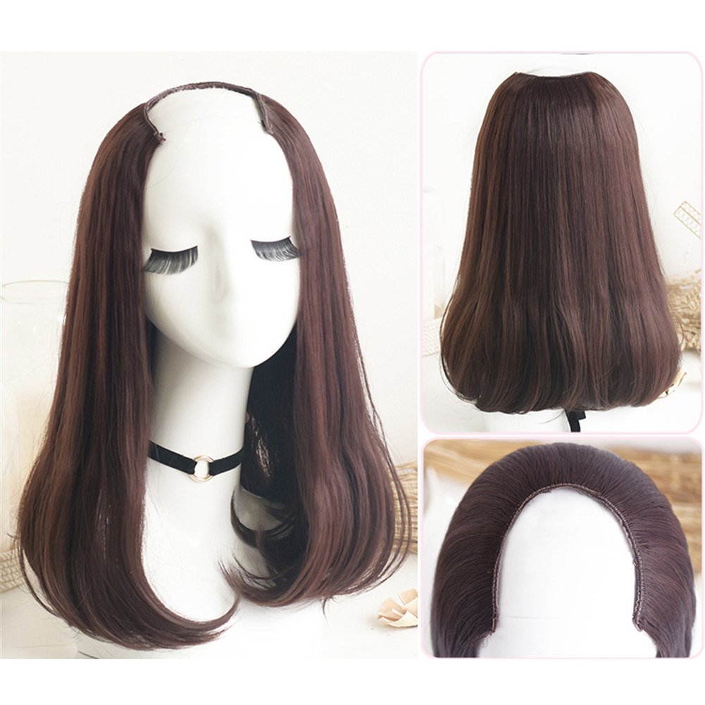 U-Shape Part Long Straight Half Wig Nature Look Synthetic Hairpiece U Part Clip in 3/4 Half Head Extension 49cm Chestnut