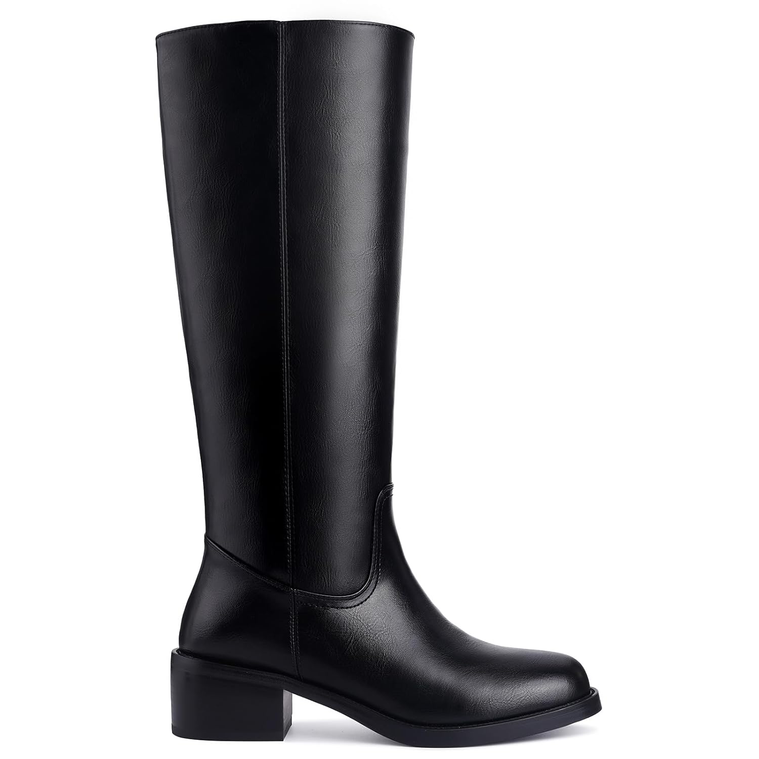 Womens Banana Knee High Boots Square Toe Chunky Block Heel Comfortable Low Heel Pull on Wide Calf Riding