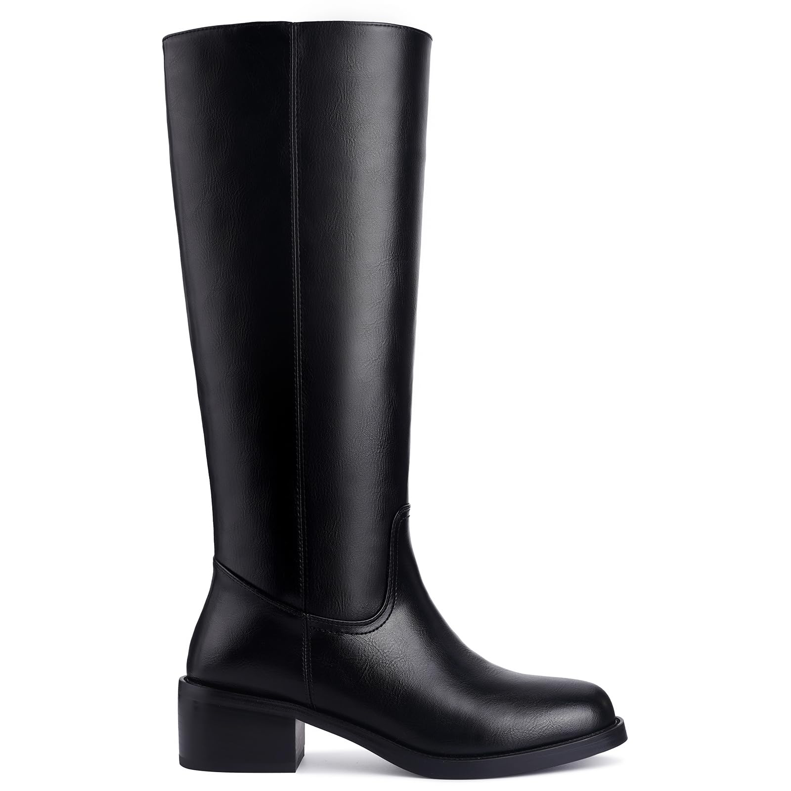 Womens Banana Knee High Boots Square Toe Chunky Block Heel Comfortable Low Heel Pull on Wide Calf Riding