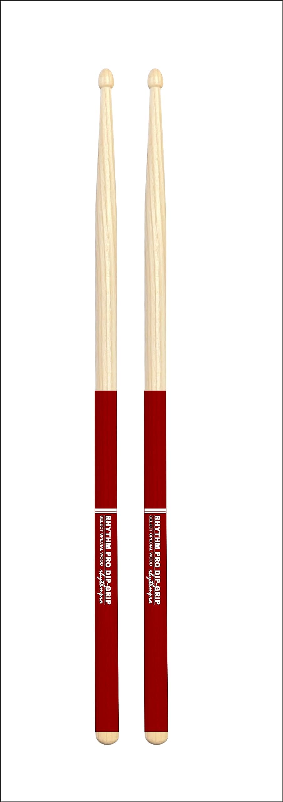 Dip Grip DrumSticks With Transperant Rubber Grip Size 7A/5A/5B Maple/Hickory With Carry Pouch Free. (HICKORY 5A, RED)