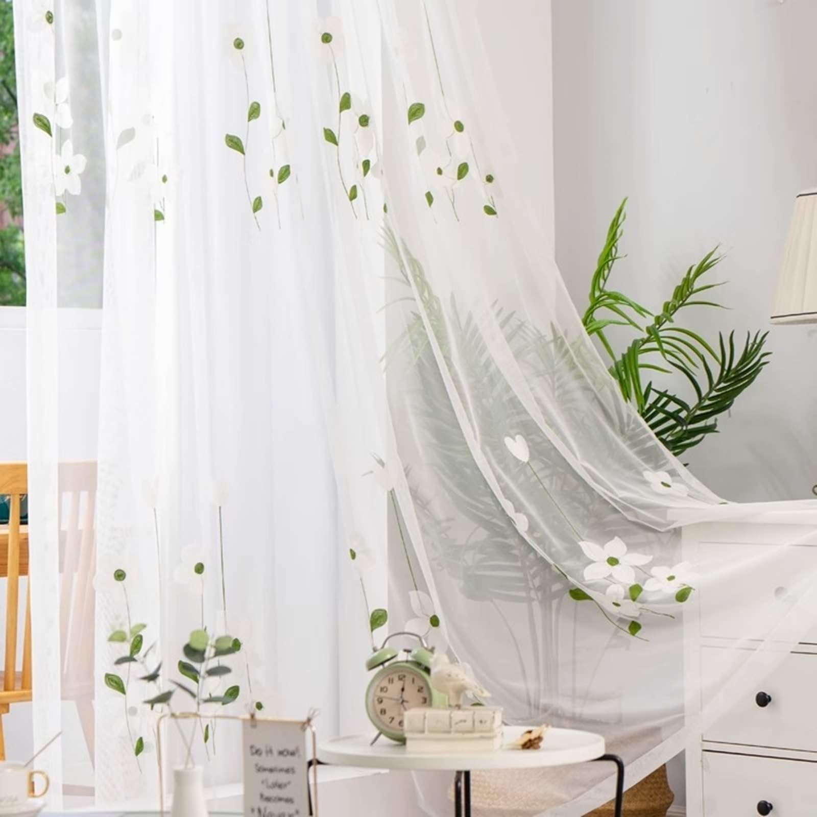 Rideaux élégants brodés motif floral blanc | Voilages haut de gamme à œillets 137cm