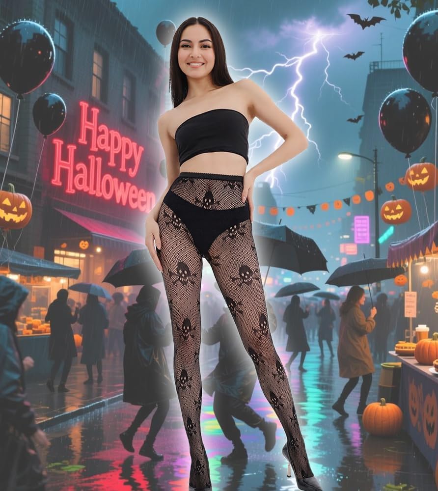 Women Thigh High Tights Black Fishnet Stockings for Halloween Cosplay, High Waist Skull Mesh Leggings - Image 2