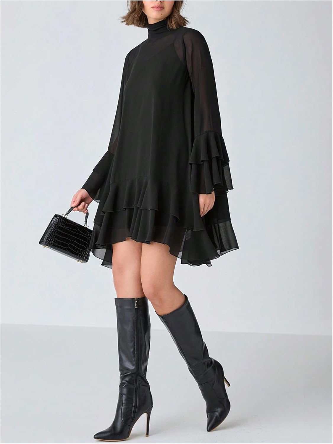 WDIRARA Women's Layered Ruffle 2 Piece Outfits Long Flounce Sleeve Chiffon Flowy Dress and Cami Set