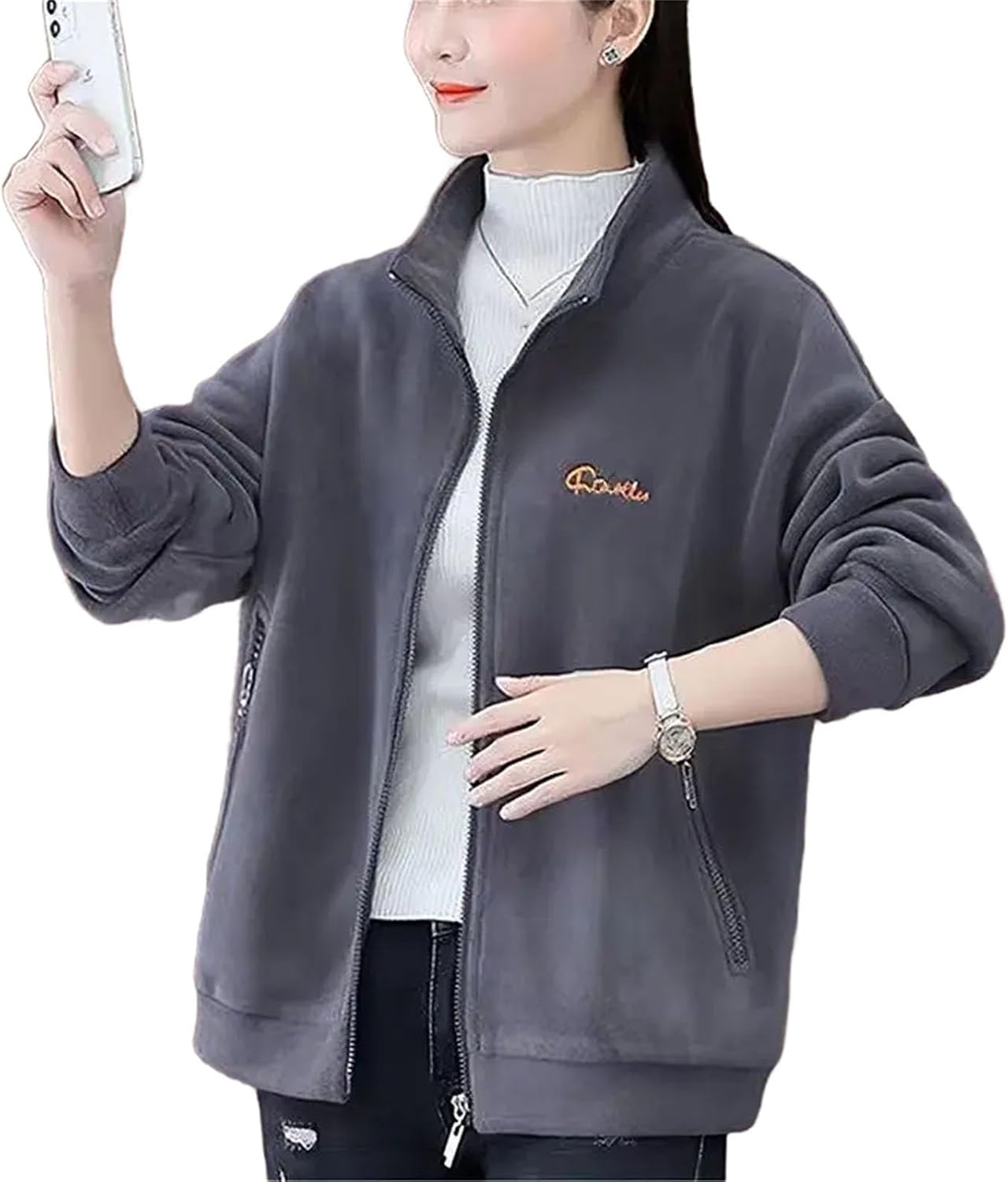 Double Sided Polar Fleece Warm Coat Women Zipper Outdoor Running Sports Cardigan Printing Letter