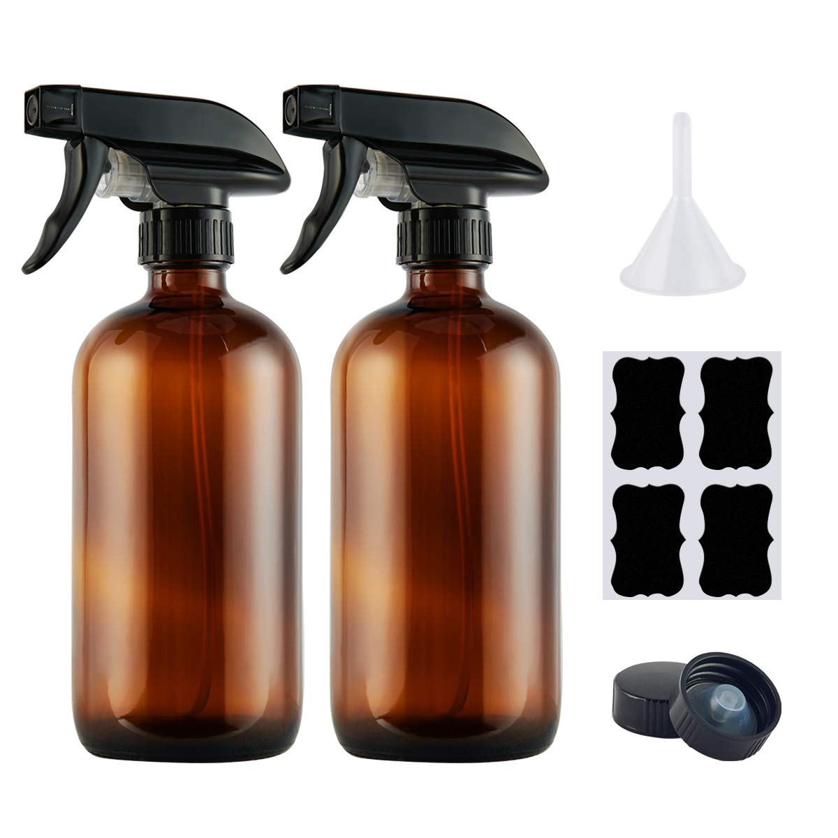 Empty Amber Glass Spray Bottles,Refillable 16 oz Container with Funnel and Labels for Essential Oils, Aromatherapy, Homemade Cleaning Products,Durable Trigger Sprayer w/Mist and Stream Settings-2 Pack