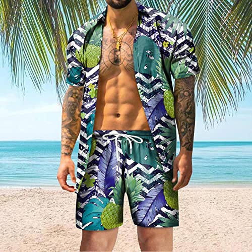 Glvsz Mens Summer Fashion Leisure Hawaii Seaside Holiday Beach Digital 3D Printing Short Sleeved Shirt Shorts Midnight Tuxedo Blue #TOP1