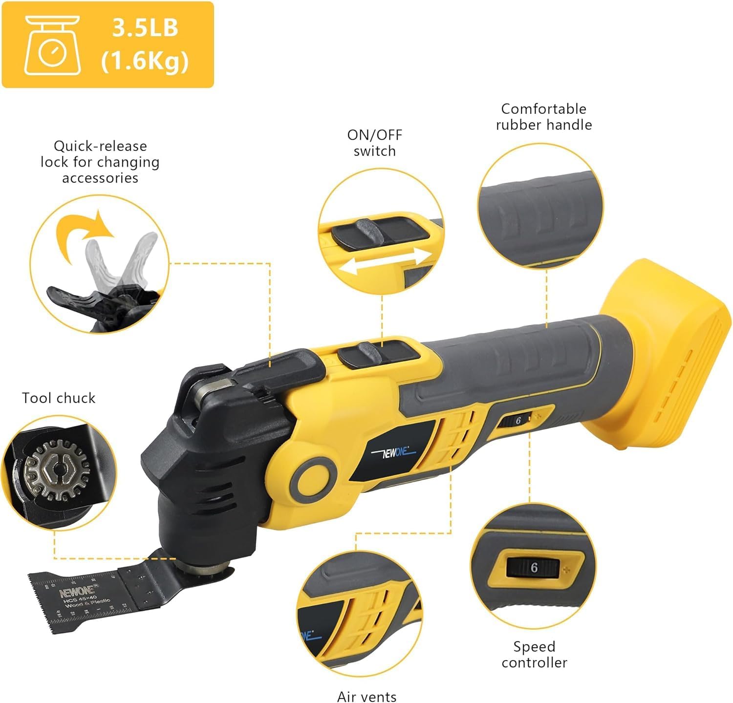 Cordless Oscillating Multi Tool Brushless Motor 6 Variable Speed Anti-vibration include 20V 2000mAh Battery13PCS Accessories for Cutting, Grinding, Scraping, Polishing