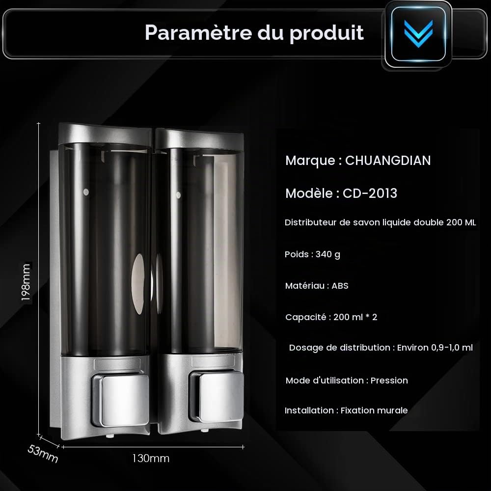 Decdeal 200 ml x 2 Distributeur de savon manuel, montage mural, double distributeur de douche, nettoyant pour les mains, distributeur de lotion, accessoire salle de bain