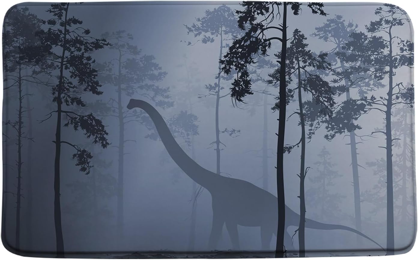 Dinosaur Bath Mat Set Blue Gray Misty Forest Dino Silhouette Wildlife Rustic Nature Scenery Memory Foam Home Office Door Bathroom Decor Mat,24"x60"