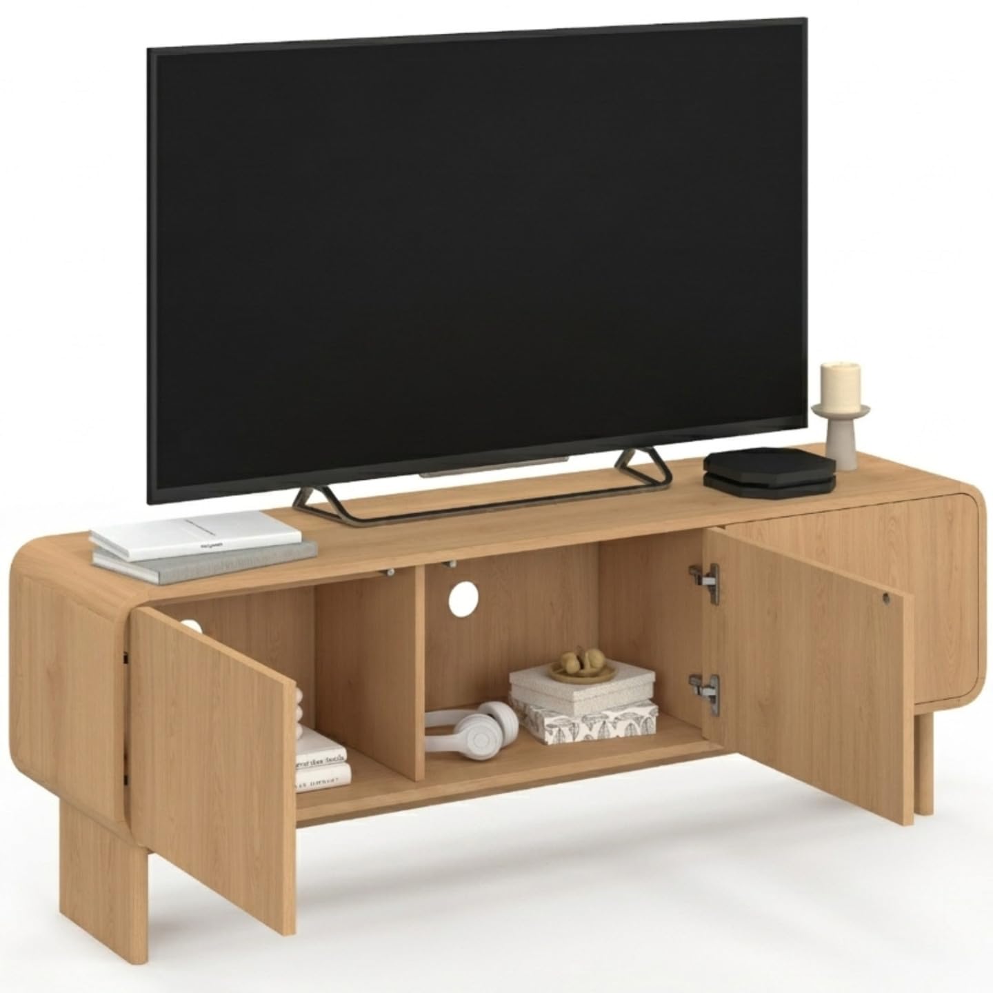IDMarket - Meuble TV 140 cm Capucine 3 Portes façon hêtre Design Arrondi