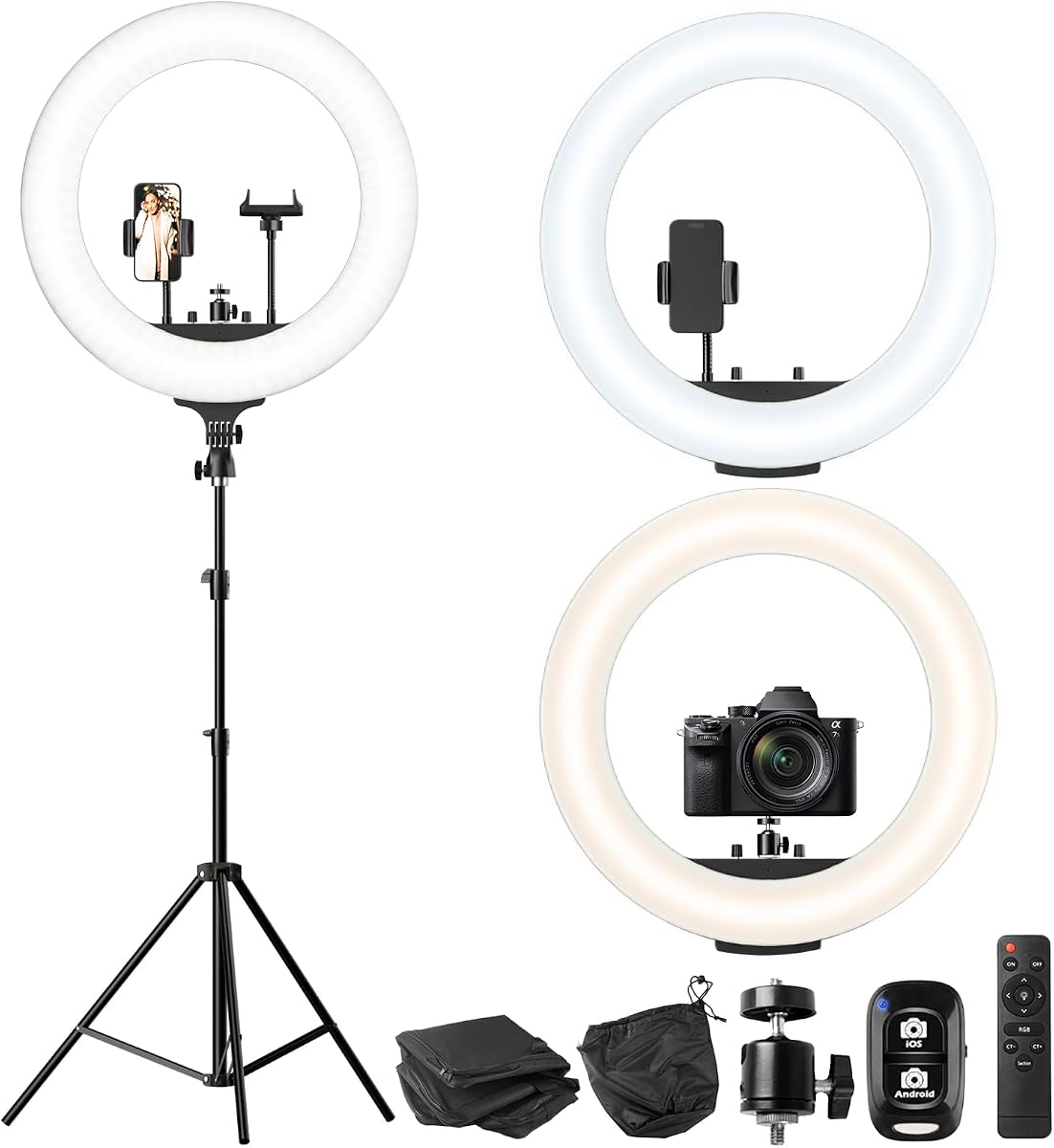 UBeesize Anillo de luz de 22 pulgadas con soporte de 72 pulgadas, anillo de luz grande de 60 W con soporte para teléfono, luz LED regulable para maquillaje, peluquero, estilista, tatuaje, YouTube, TikTok, fotografía