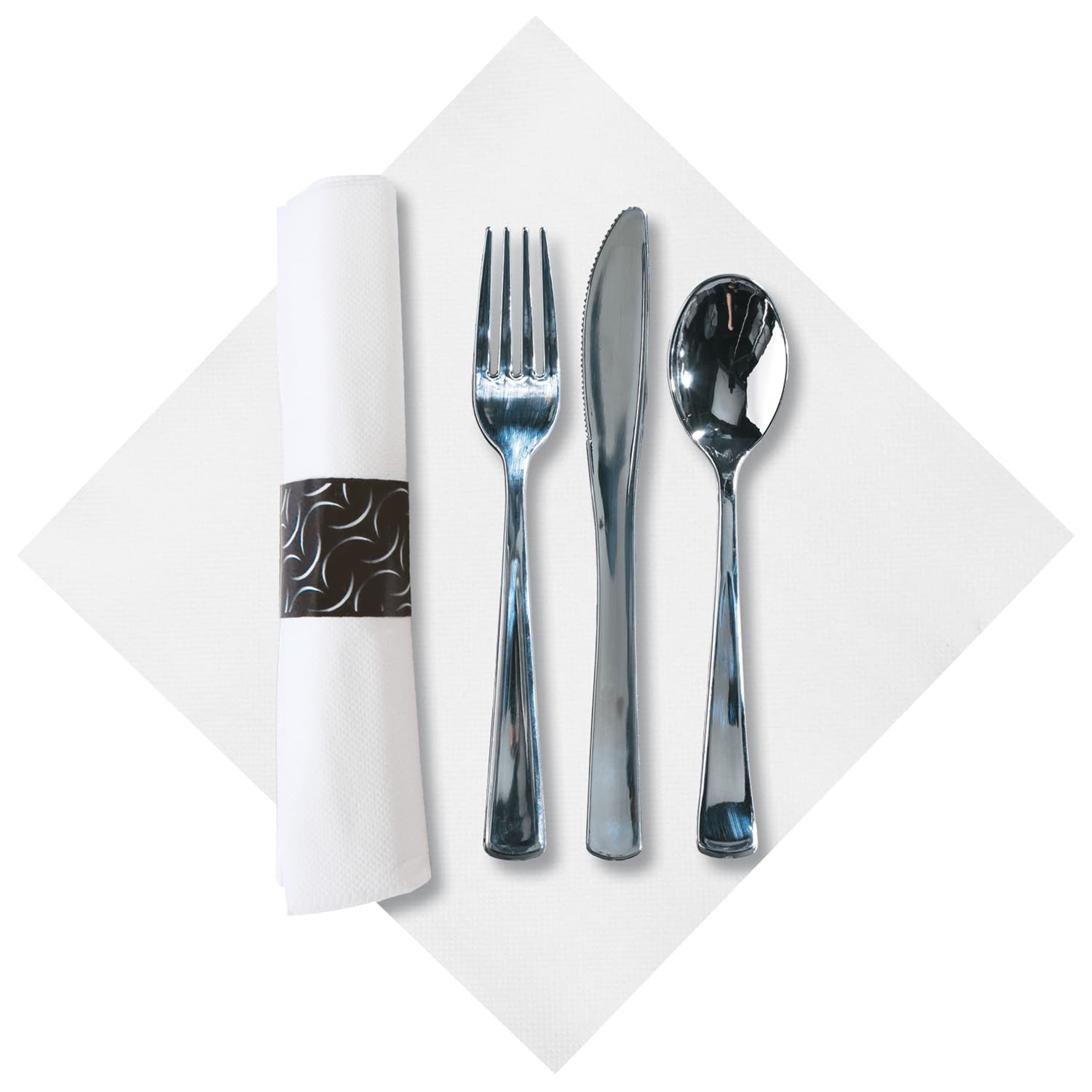 Hoffmaster 119979 FashnPoint CaterWrap Pre-Rolled Dinner Napkin and Heavyweight Cutlery, Crescent, White/Metallic (Case of 100),15.5x15.5 inch