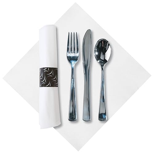 Hoffmaster 119979 FashnPoint CaterWrap Servilleta de cena preenrollada y cubiertos pesados, media luna, blanco/metálico (caja de 100), 15.5 x 15.5