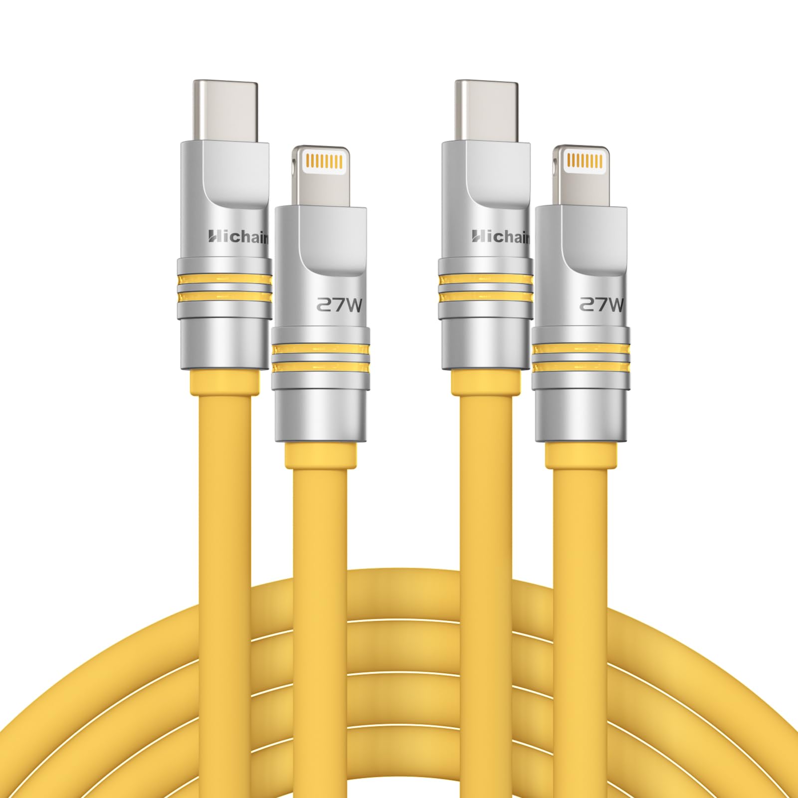 Hichain Cavo USB C a Lightning in silicone, confezione da 2 pezzi, 1,2 m, giallo, USB C 27 W, cavo di ricarica veloce tipo C, cavo Lightning per iPhone 14, 13, 12, 11, certificato MFi