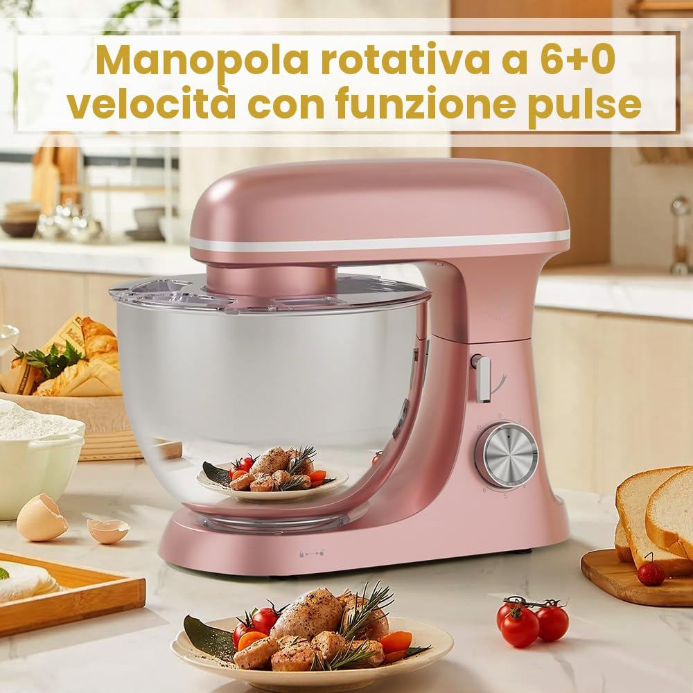 Royal Swiss Robot da cucina, 2000 W, 8,5 l, robot da cucina professionale, planetario, impastatore elettrico, grande capacità, con ciotola in acciaio inox 304, 6 velocità, gancio, frusta e frusta