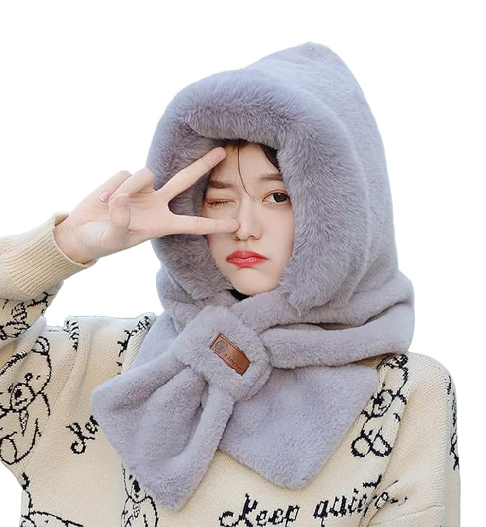 New Knitted Faux Fur Trim Animal Ear Balaclava Hood Scarf Beanie Hat Fluffy (Grey)
