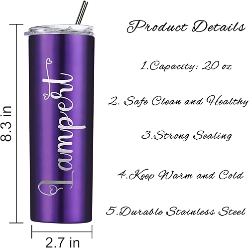 Miniatura 4 de Vasos delgados personalizados con tapas y pajitas, vaso delgado de acero inoxidable grabado con láser, vasos personalizados con nombre de 20 onzas,